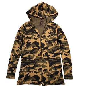 Womens Camo Hooded Cardigan Sweater‎ Green Tan Camouflage Open Front Small